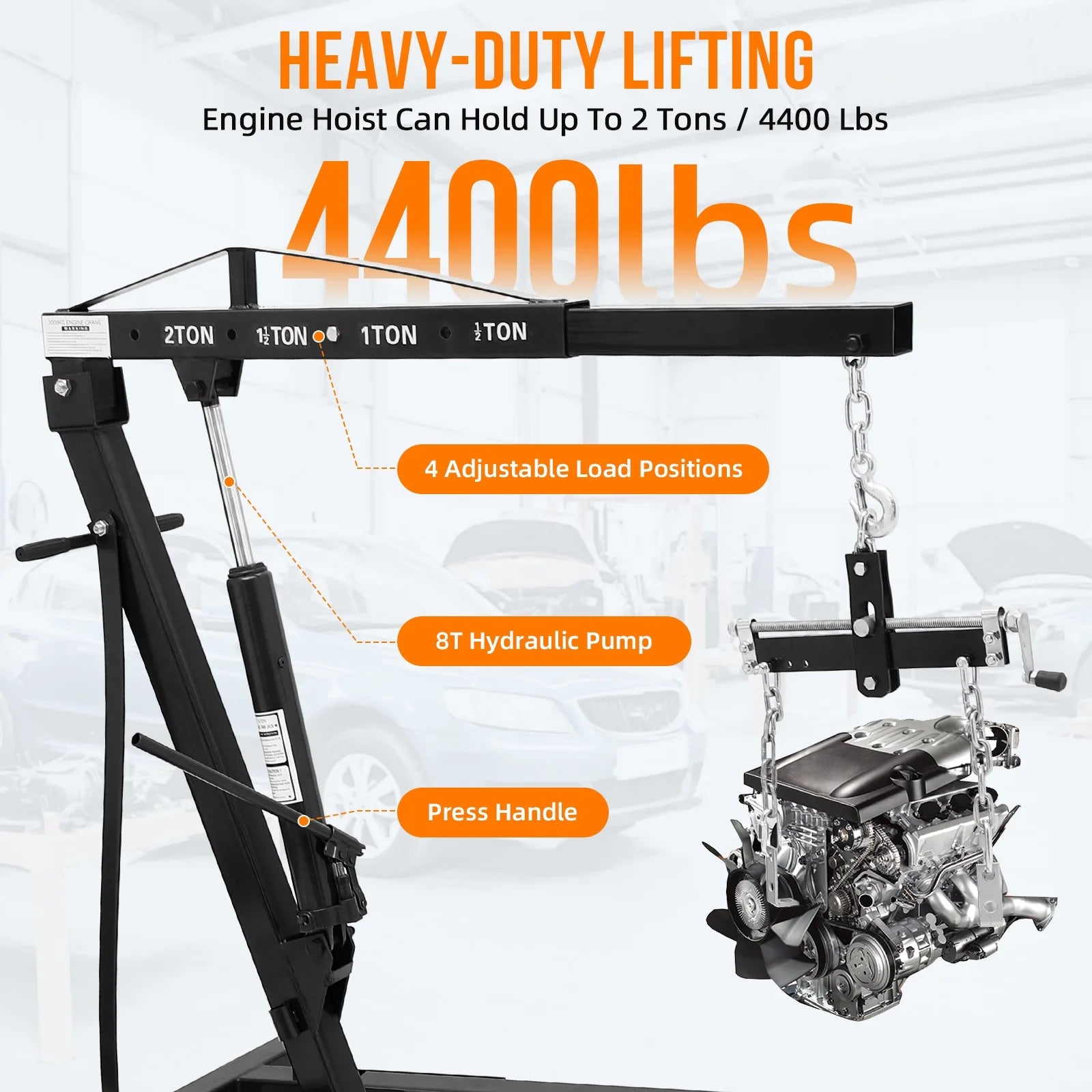 JoanKaren Hydraulic Engine Hoist,4400lbs Max Weight,Folding Engine Lift Shop Crane with Lever and 6 Steel Caster Wheels,Yellow