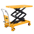 Hydraulic lifting table trolley �C load capacity 350 kg, maximum height 130 cm, double scissor lift table with safety device and 4 wheels