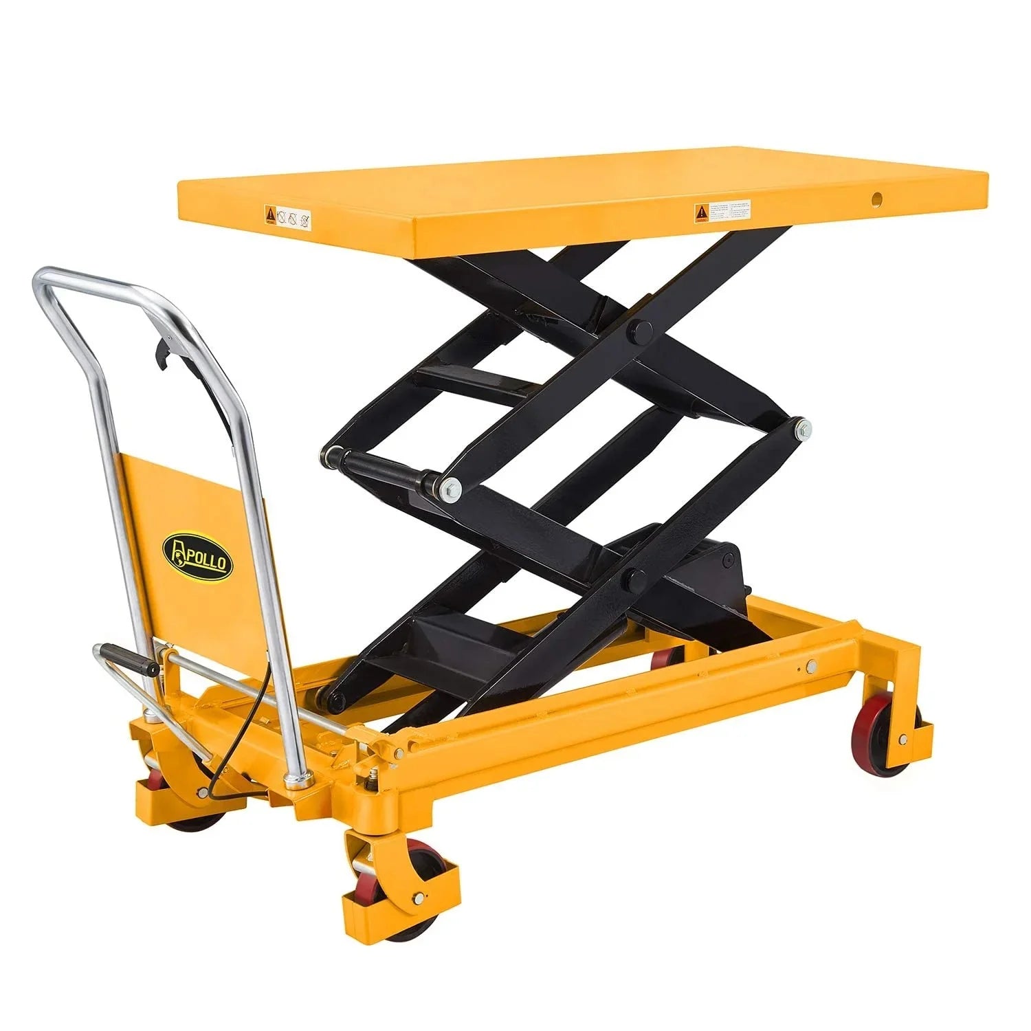 Hydraulic lifting table trolley �C load capacity 350 kg, maximum height 130 cm, double scissor lift table with safety device and 4 wheels