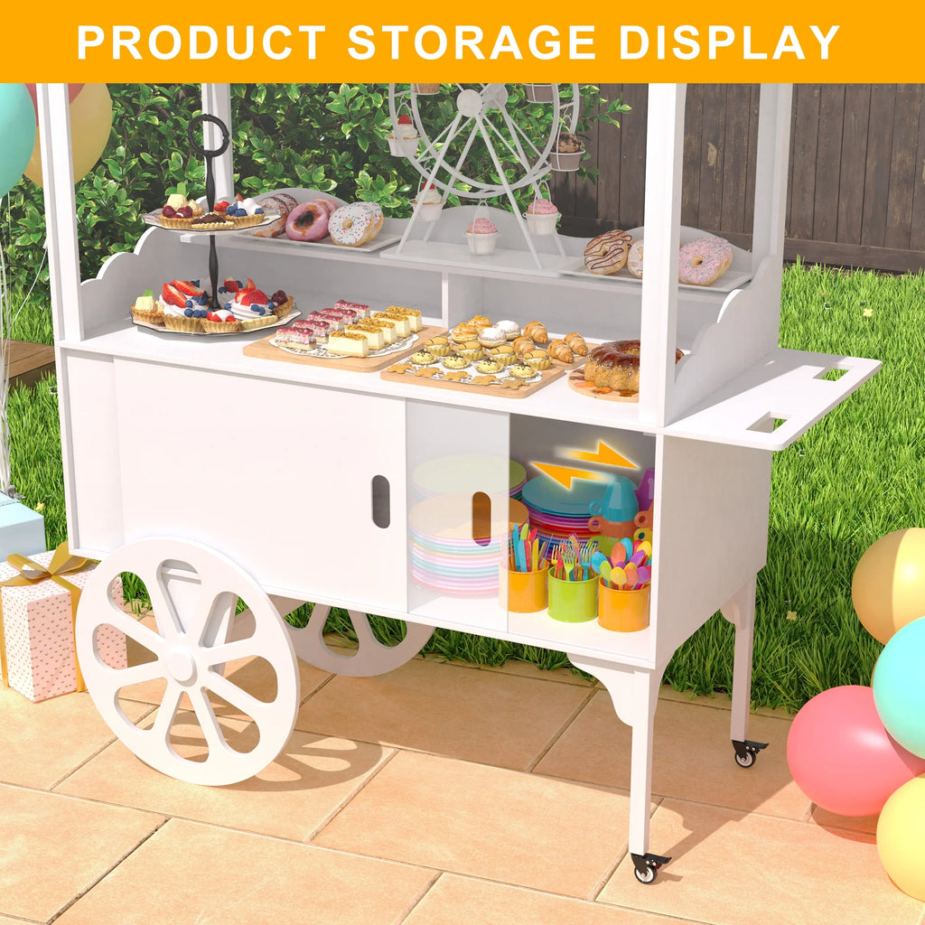 Candy Cart with Wheels for Party��Wood Dessert Cart with Storage Cabinet