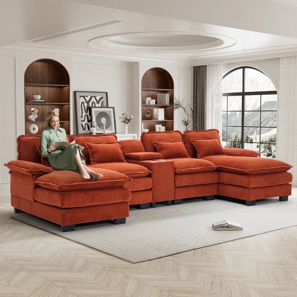 Wiilayok U Shaped Cloud Couch Modular Sectional Sofa 124" Extra Deep Fluffy Chenille Double Chaise Lounge, Central Console w/ Dual USB-C & A Ports, Storm Gray