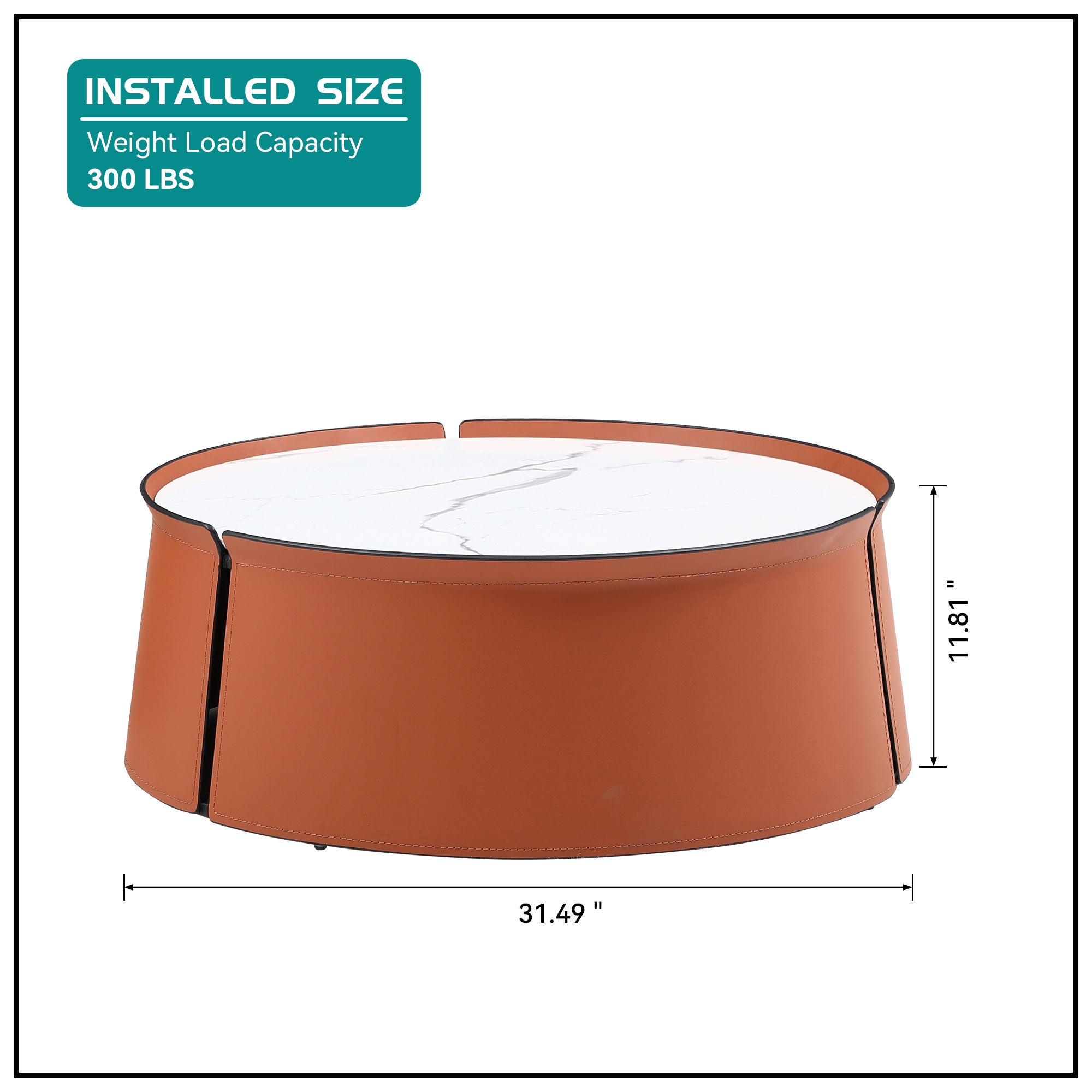 31.5inch Coffee Table, Marble Top+Orange Saddle Leather Body+Iron Frame