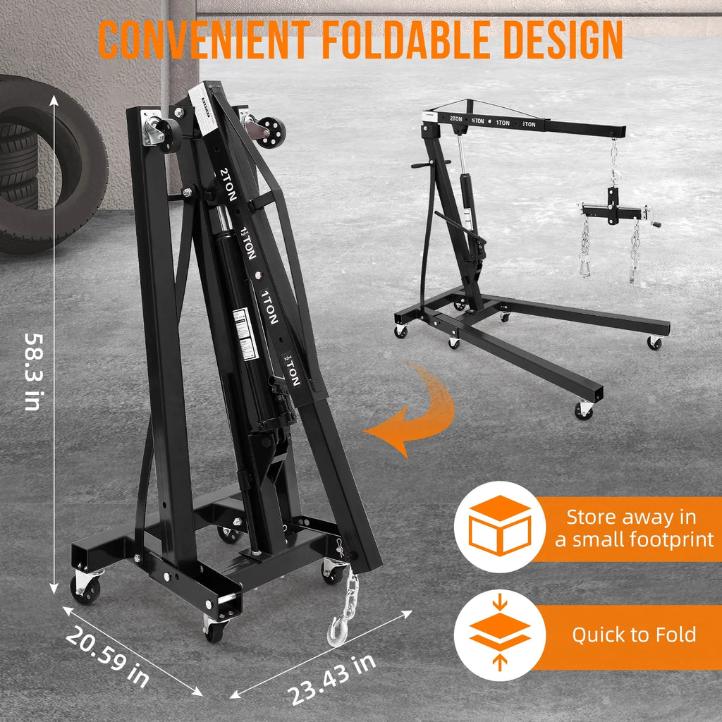 JoanKaren Hydraulic Engine Hoist,4400lbs Max Weight,Folding Engine Lift Shop Crane with Lever and 6 Steel Caster Wheels,Yellow