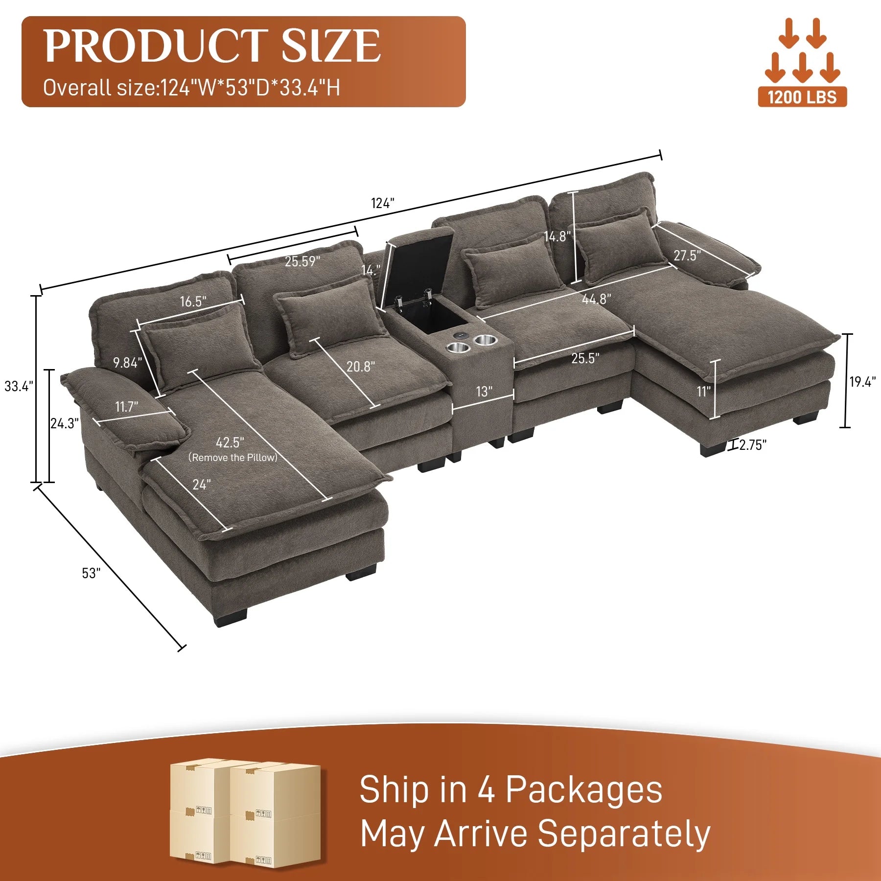 Wiilayok U Shaped Cloud Couch Modular Sectional Sofa 124" Extra Deep Fluffy Chenille Double Chaise Lounge, Central Console w/ Dual USB-C & A Ports, Storm Gray