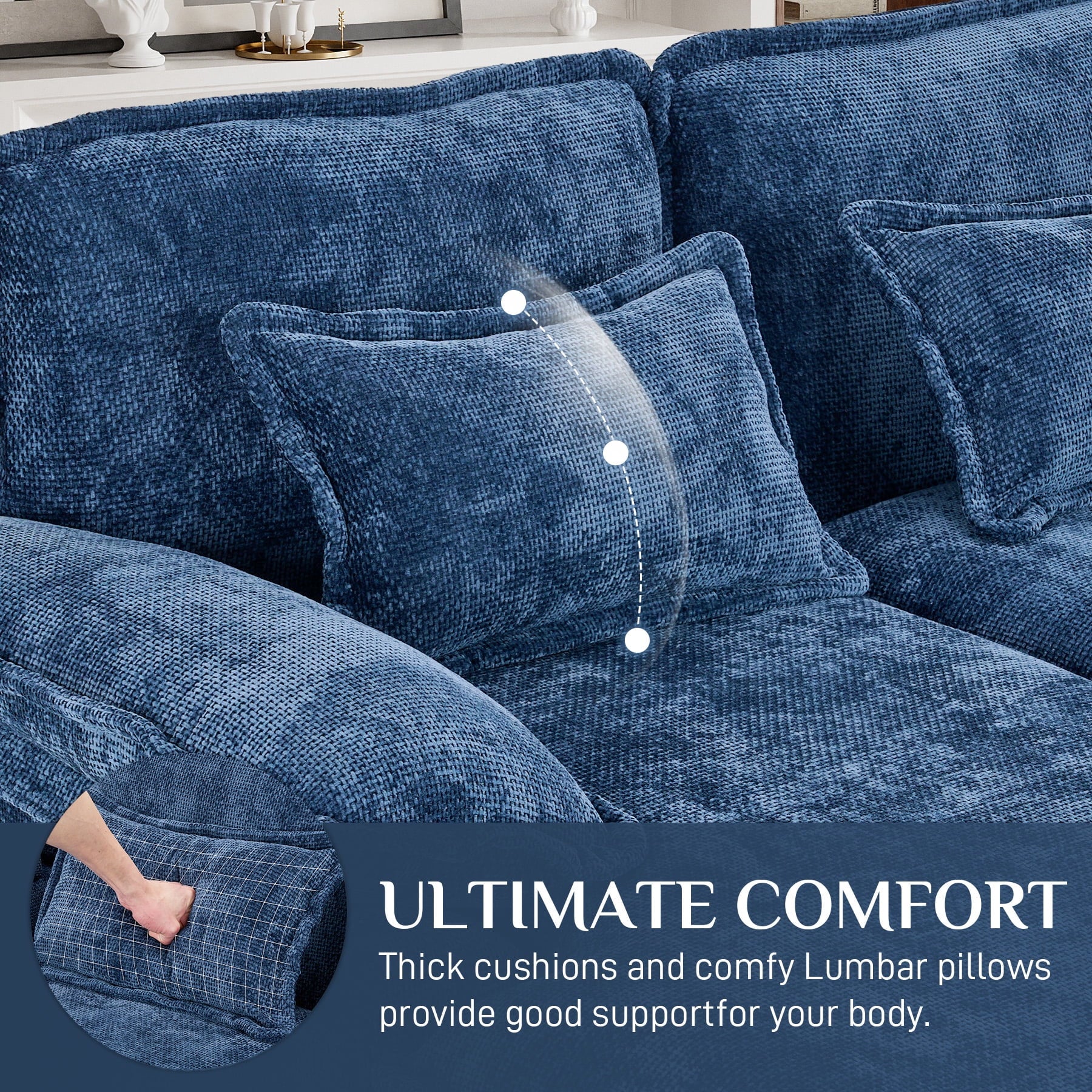 Wiilayok U Shaped Cloud Couch Modular Sectional Sofa 124" Extra Deep Fluffy Chenille Double Chaise Lounge, Central Console w/ Dual USB-C & A Ports, Storm Gray