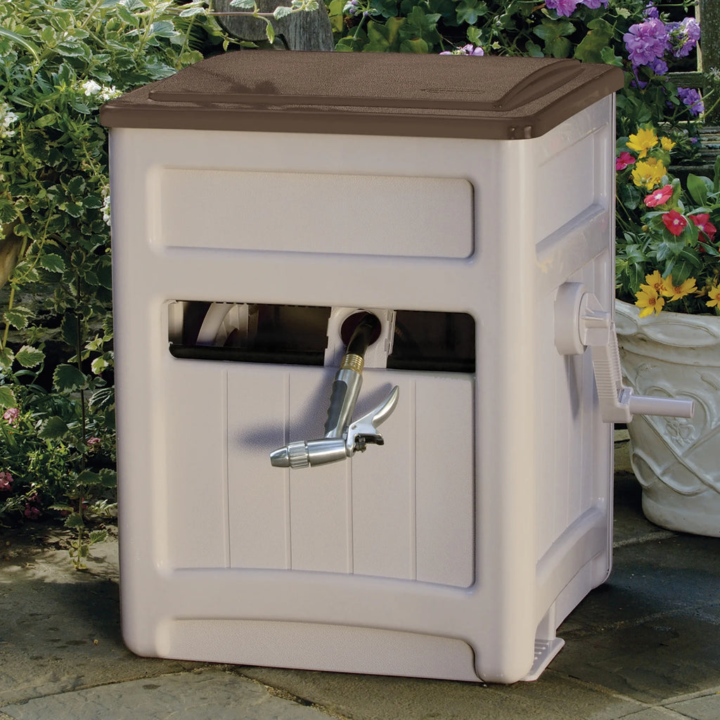 Suncast Hose Hideaway 225' Outdoor Garden Hose Reel with Storage Bin and Hose Guide, Taupe