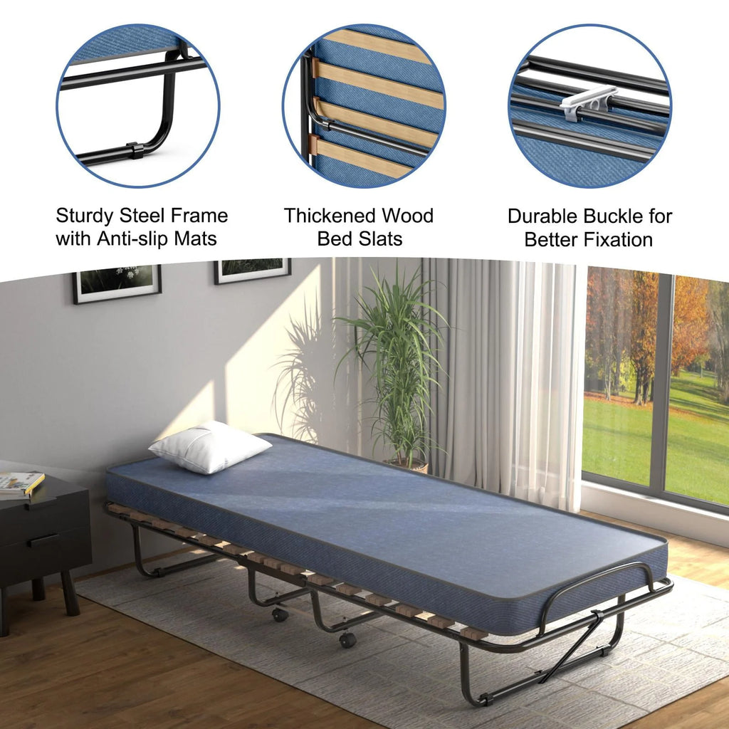 Giantex Rollaway Bed with Memory Foam Mattress, Folding Portable Guest Cot Size w/Sturdy Metal Frame for Home, Garden & Office, Made in Italy (Navy)