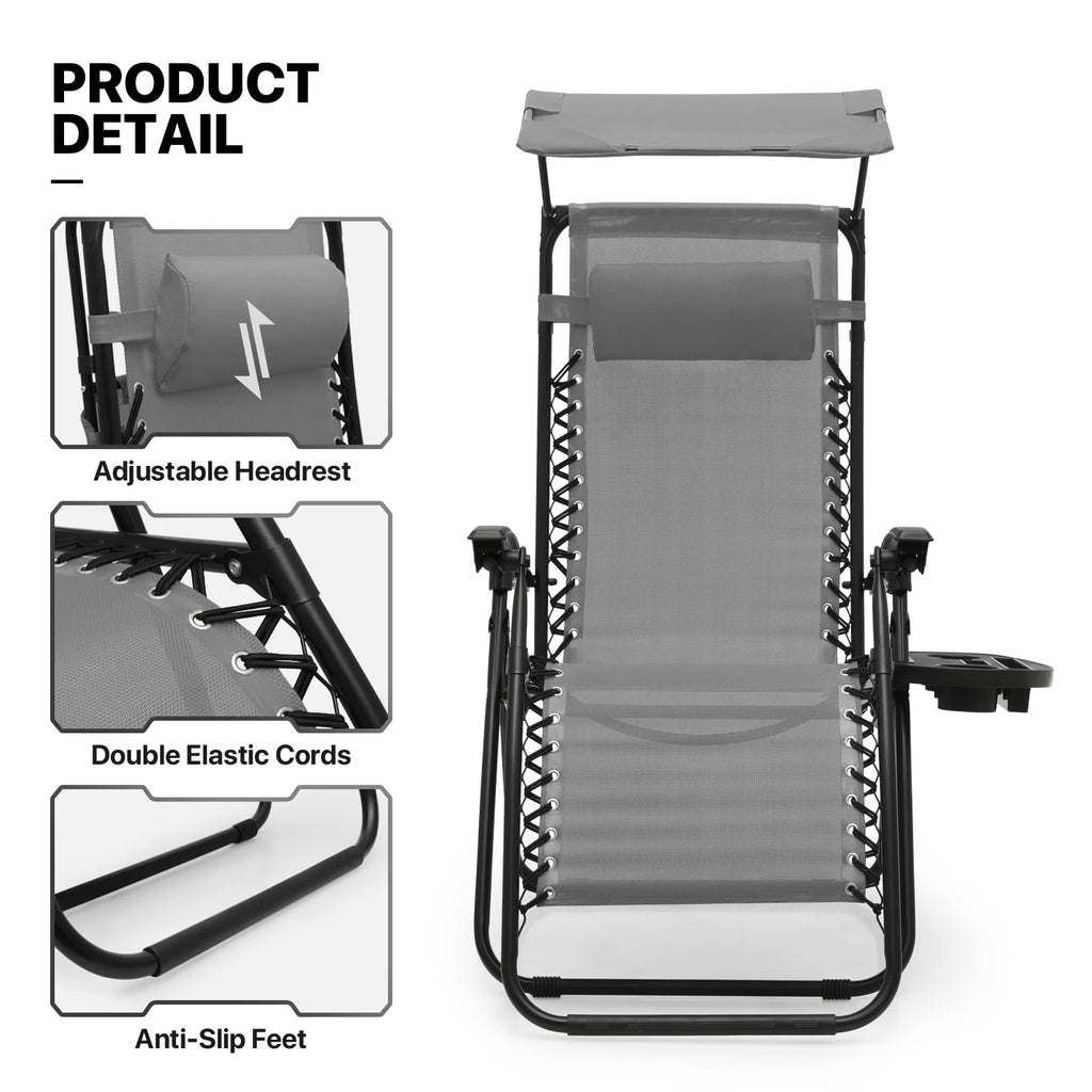 MoNiBloom Zero Gravity Chairs Set of 2, Folding Outdoor Patio Beach Recliner with Canopy Shade & Headrest, Black