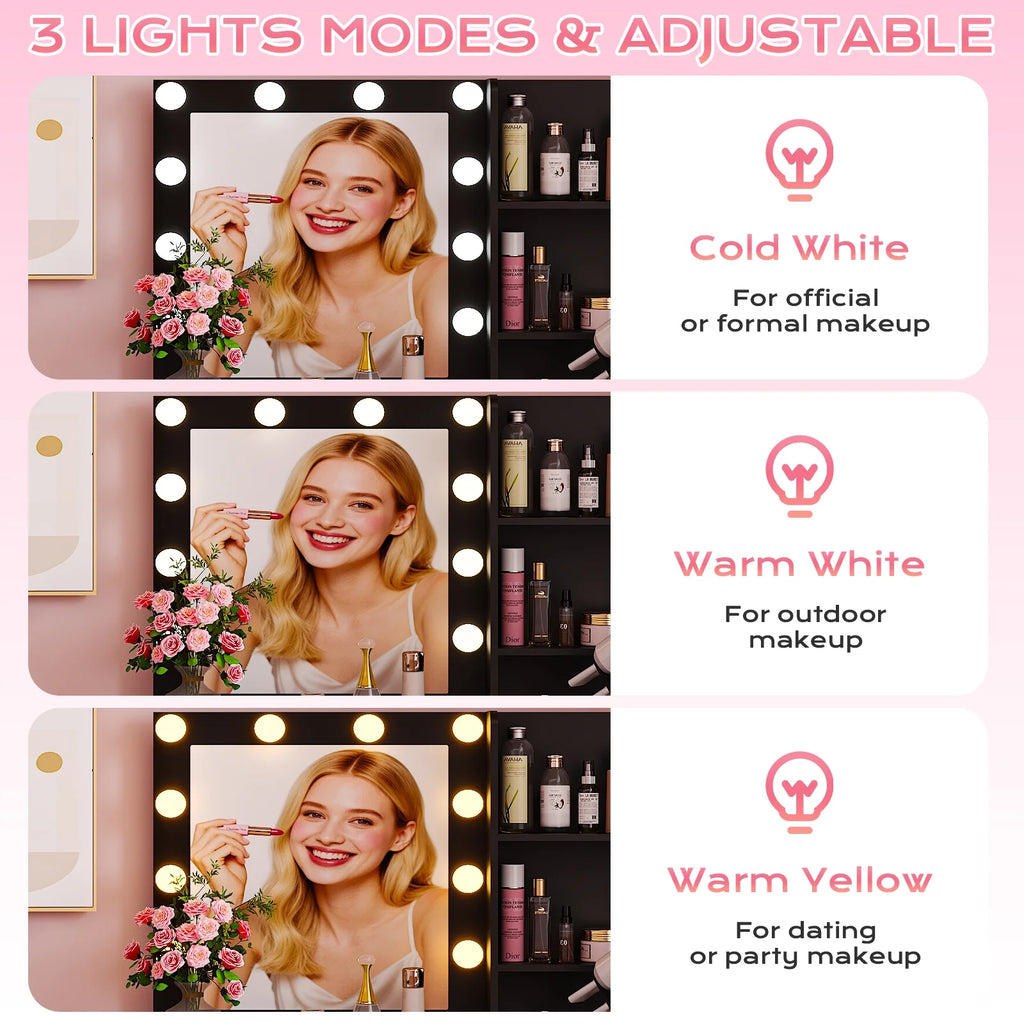 Ktaxon Vanity Set with 3 Color Lighted Mirror, Makeup Table with 3 Storage Shelves & Drawers, Dressing Table Makeup Desk with Stool,White