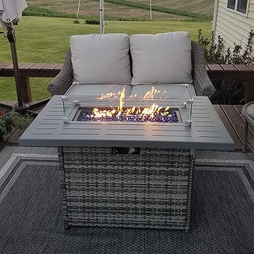 LayinSun 44" Propane Gas Fire Pit Table, 55000 BTU Rectangular Fire Pit with Glass Wind Guard for Outside Patio Deck Garden Backyard