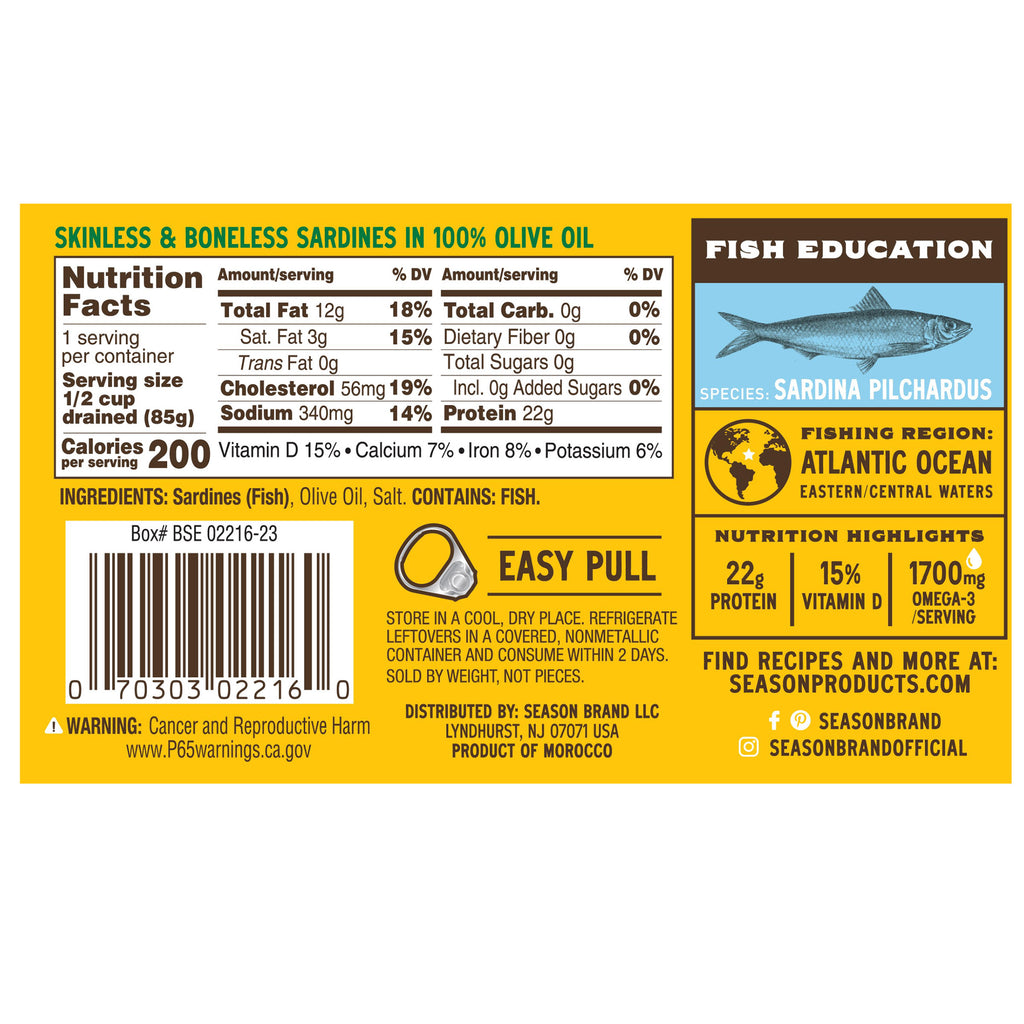 Season Sardine Fillets In 100% Olive Oil, Wild Caught, Skinless & Boneless, 4.375 oz, 6-Count