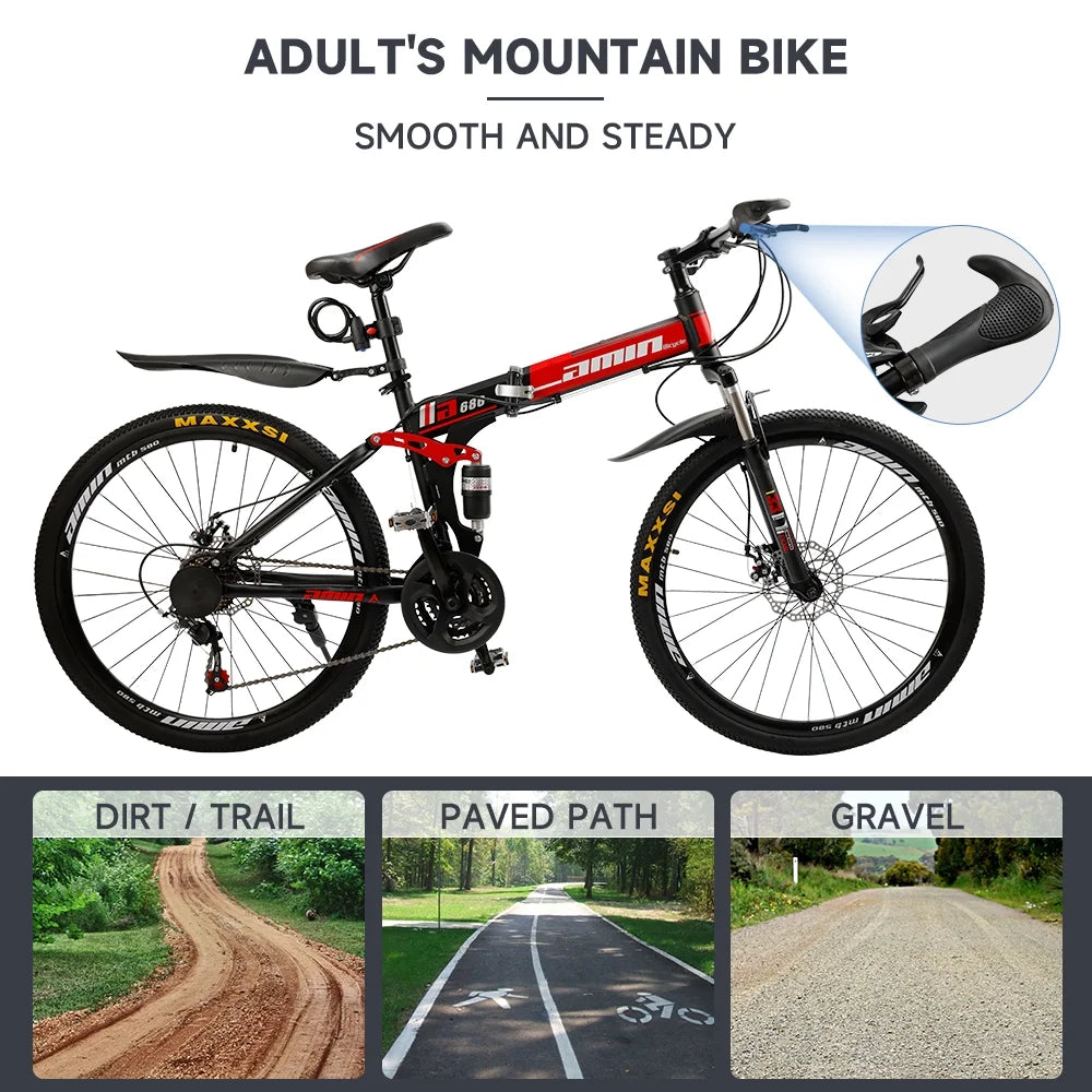 Artudatech Folding Mountain Bike 26 Inch Shimano 21 Speed Dual Disc Brake - Adult - Red