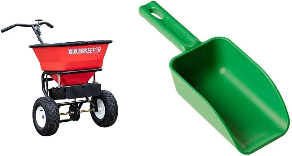 Multi-purpose push-along spreader, 100 lb capacity, versatile tool for lawn seed, salt, de-icer, fertilizer and seeds