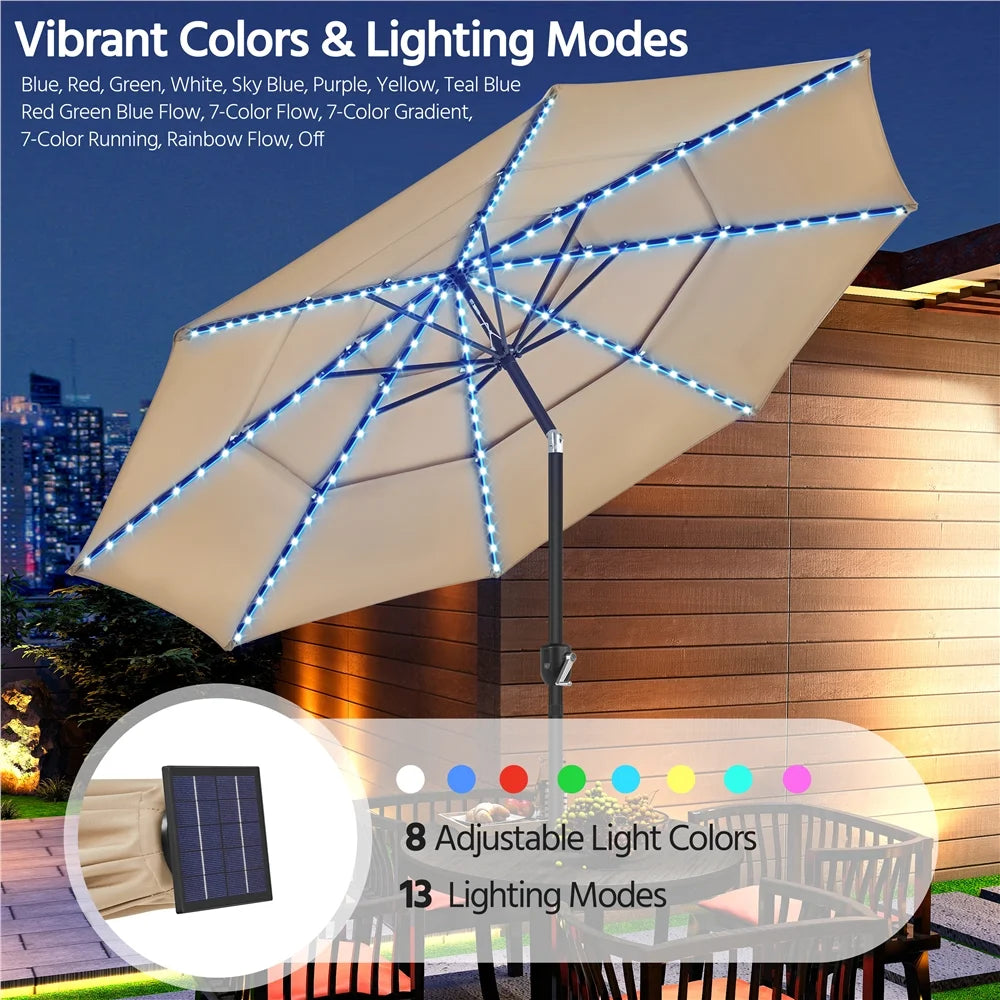 Renwick 10 Ft Outdoor Patio Parasol with Color-Changing LED Strip, Tan
