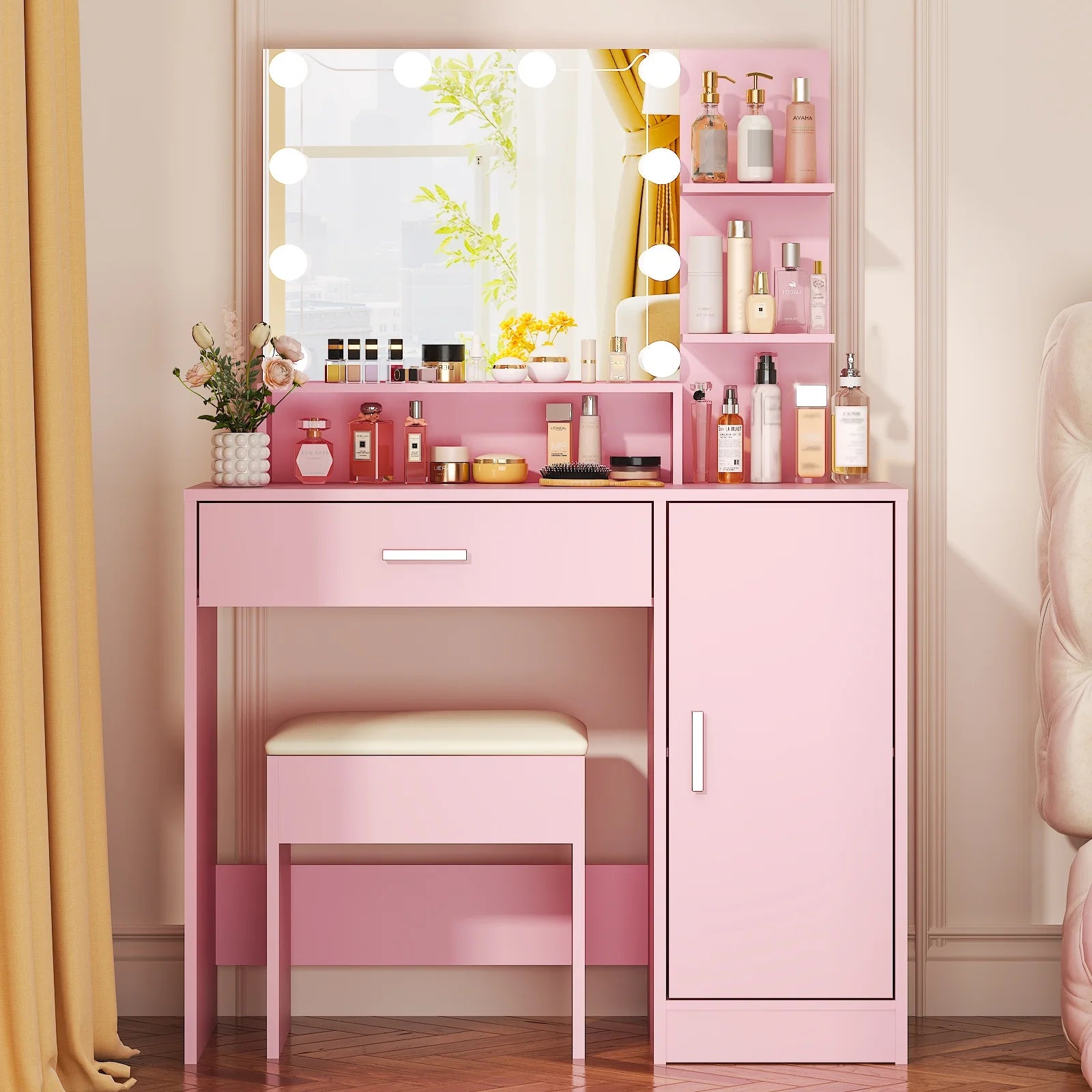 Ktaxon Vanity Set with 3 Color Lighted Mirror, Makeup Table with 3 Storage Shelves & Drawers, Dressing Table Makeup Desk with Stool,White