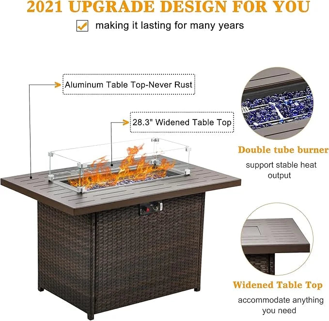 LayinSun 44" Propane Gas Fire Pit Table, 55000 BTU Rectangular Fire Pit with Glass Wind Guard for Outside Patio Deck Garden Backyard
