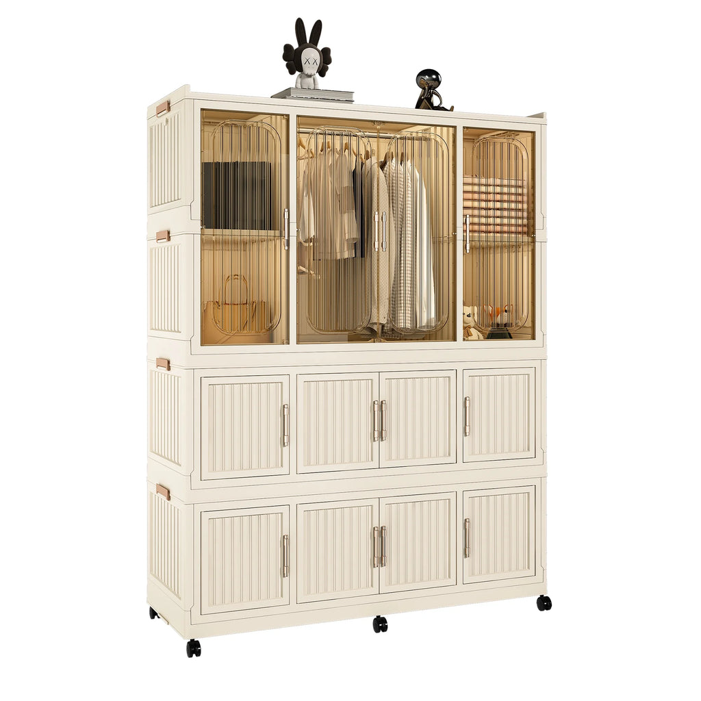 Montary Kids Portable Wardrobe w/ Magnetic Doors & Hanging Rod - 4-Cube Plastic Storage Cabinet,Nursery/Bedroom