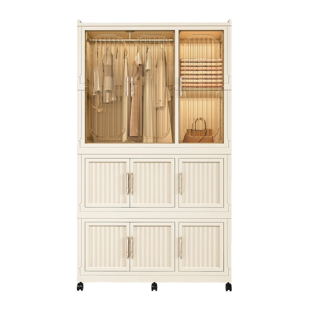 Montary Kids Portable Wardrobe w/ Magnetic Doors & Hanging Rod - 4-Cube Plastic Storage Cabinet,Nursery/Bedroom