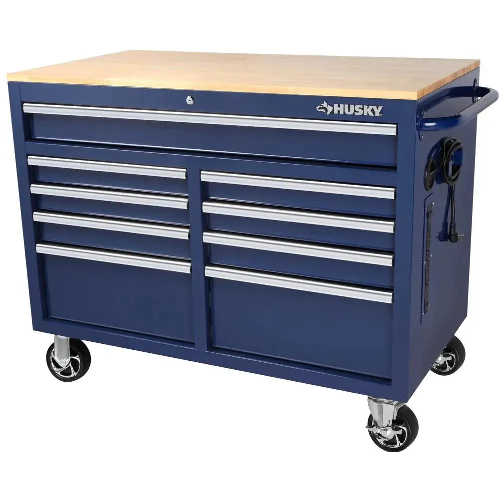 Mobile workbench with 9 drawers, hardwood top and power connection, 117 cm W x 62 cm D �C high-gloss black