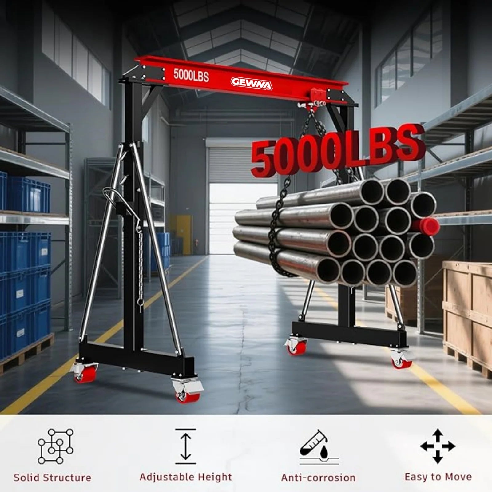 Gewna Adjustable Steel Gantry Crane, 2 Ton/ 5000 lb Capacity, 8.2-12.5ft, Portable Lift Hoist on Wheels with Manual Trolley