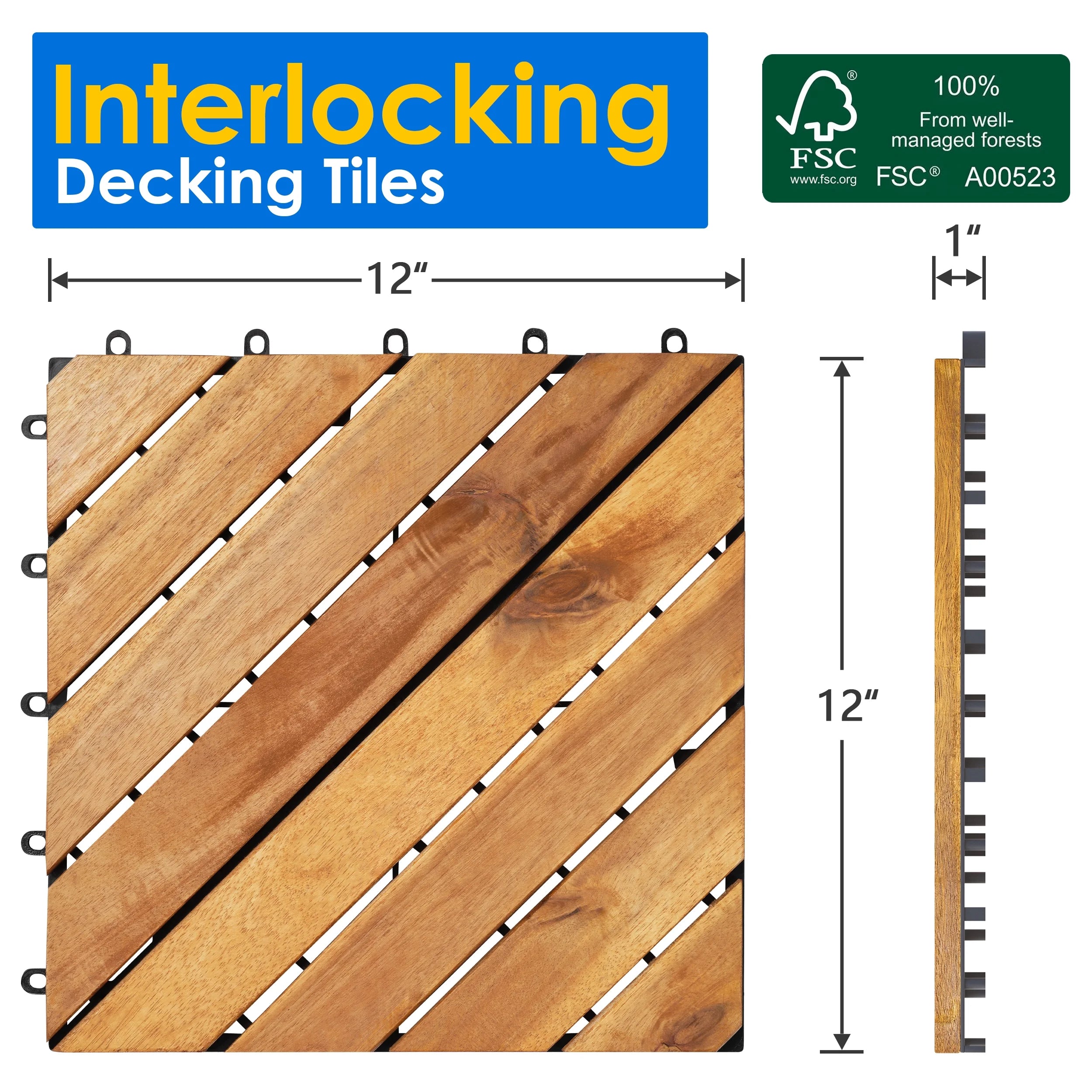 TrumanPick 27PCS Interlocking Wood Flooring Deck Tiles for Patio Garden, 12"L x 12"W, Brown Diagonal