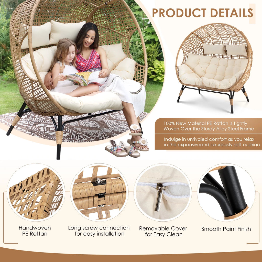 RADIATA Double Egg Chair for 2 Person, Oversized Wicker Loveseat with Thick Cushions, 680 lbs Capacity, Indoor Outdoor Stationary Patio Lounge Chair for Balcony, Garden, Beige