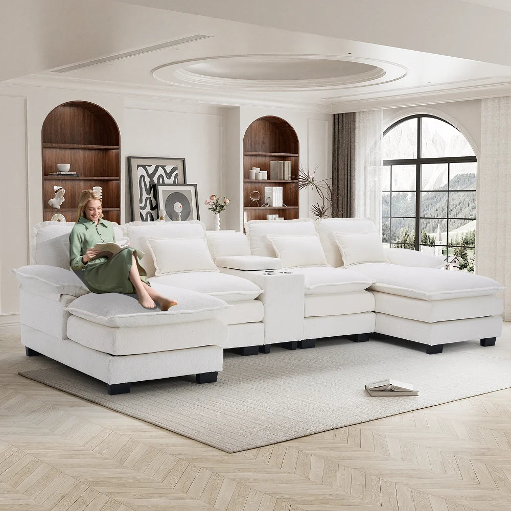 Wiilayok U Shaped Cloud Couch Modular Sectional Sofa 124" Extra Deep Fluffy Chenille Double Chaise Lounge, Central Console w/ Dual USB-C & A Ports, Storm Gray