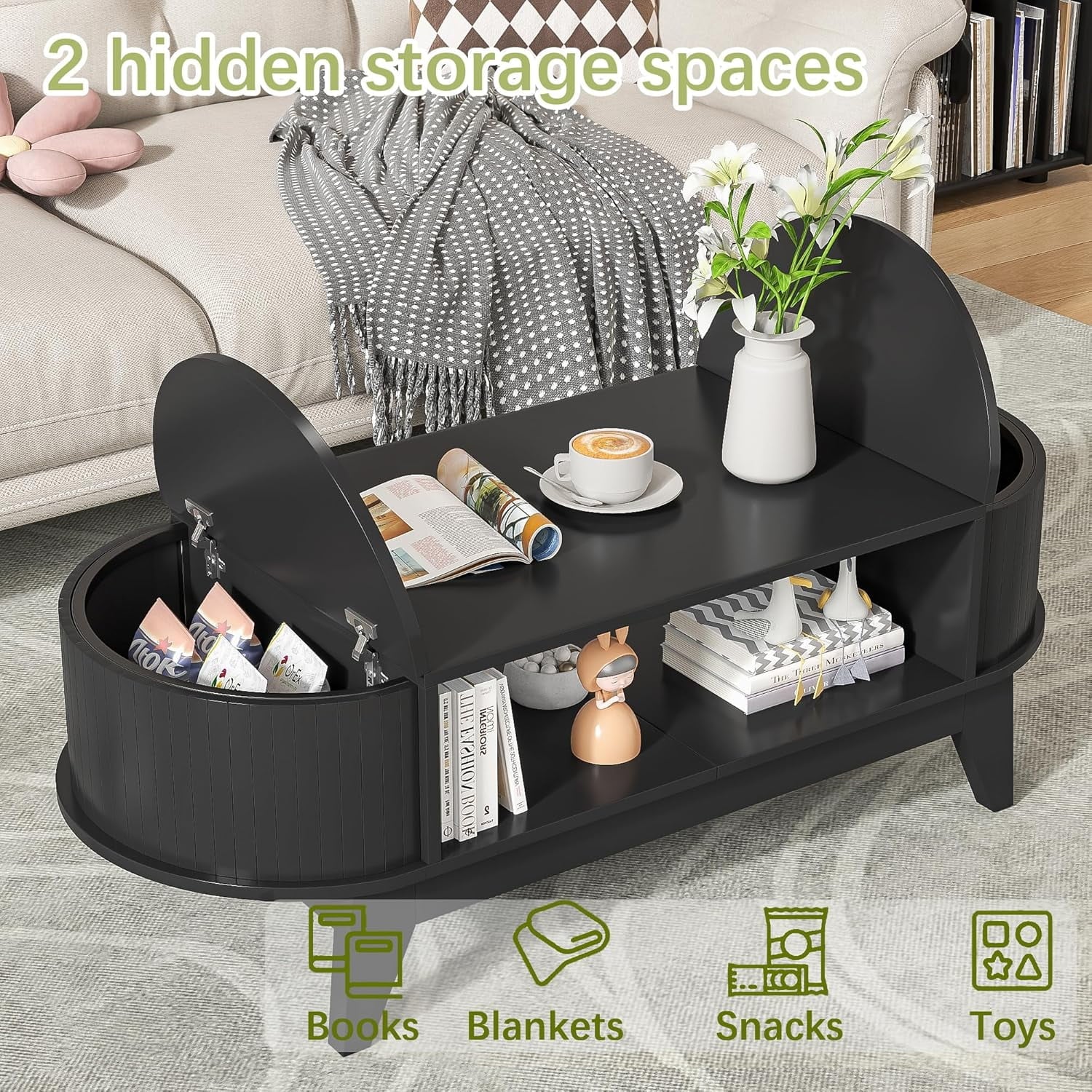 Fluted Coffee Table with Storage, Modern Coffee Tables, Wood Accent Center Table