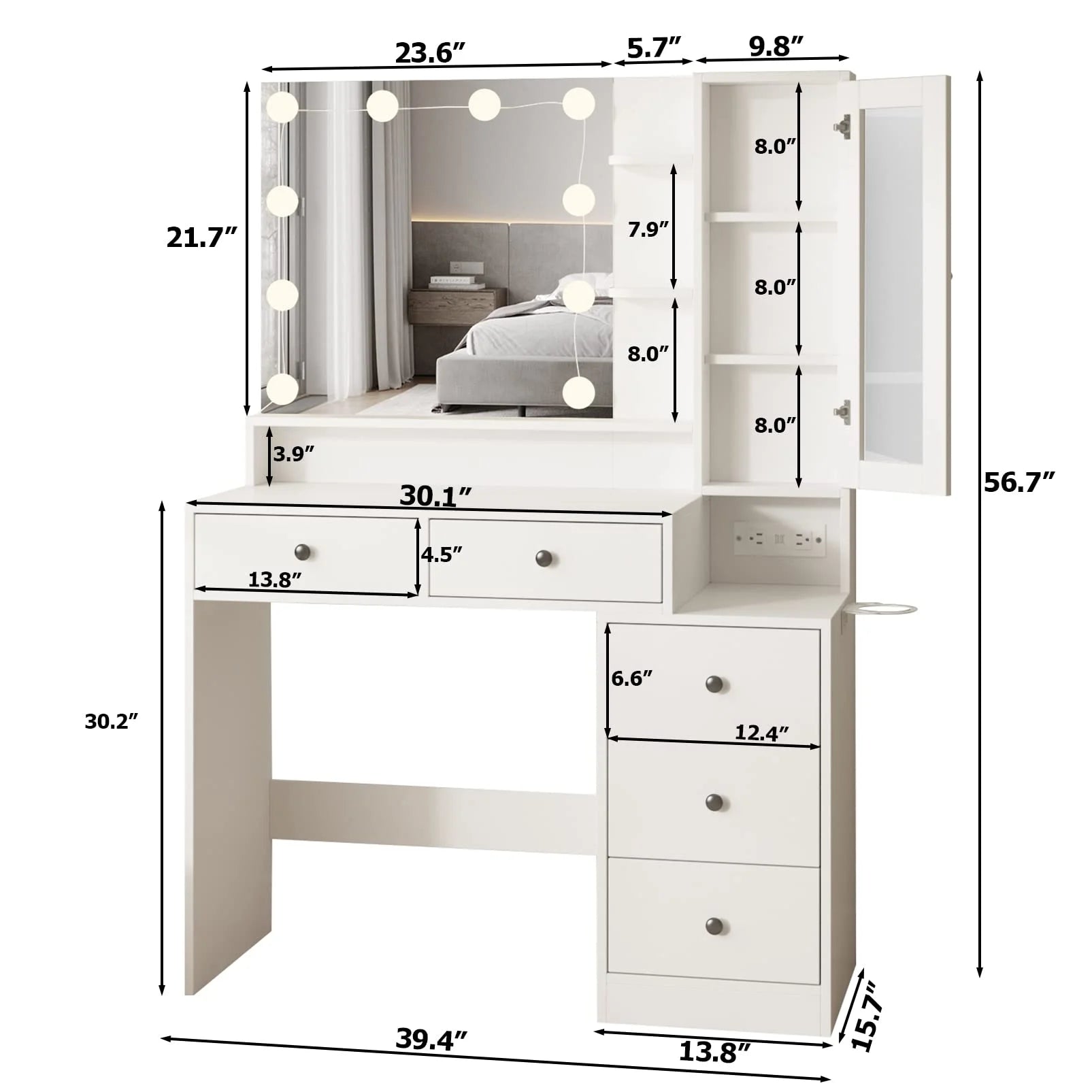 VEANERWOOD Makeup Vanity Desk with Lighted Mirror and Power Strip, Modern Vanity Table with 5 Drawers, White
