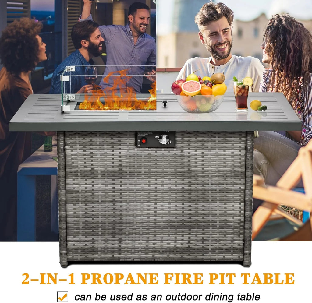 LayinSun 44" Propane Gas Fire Pit Table, 55000 BTU Rectangular Fire Pit with Glass Wind Guard for Outside Patio Deck Garden Backyard