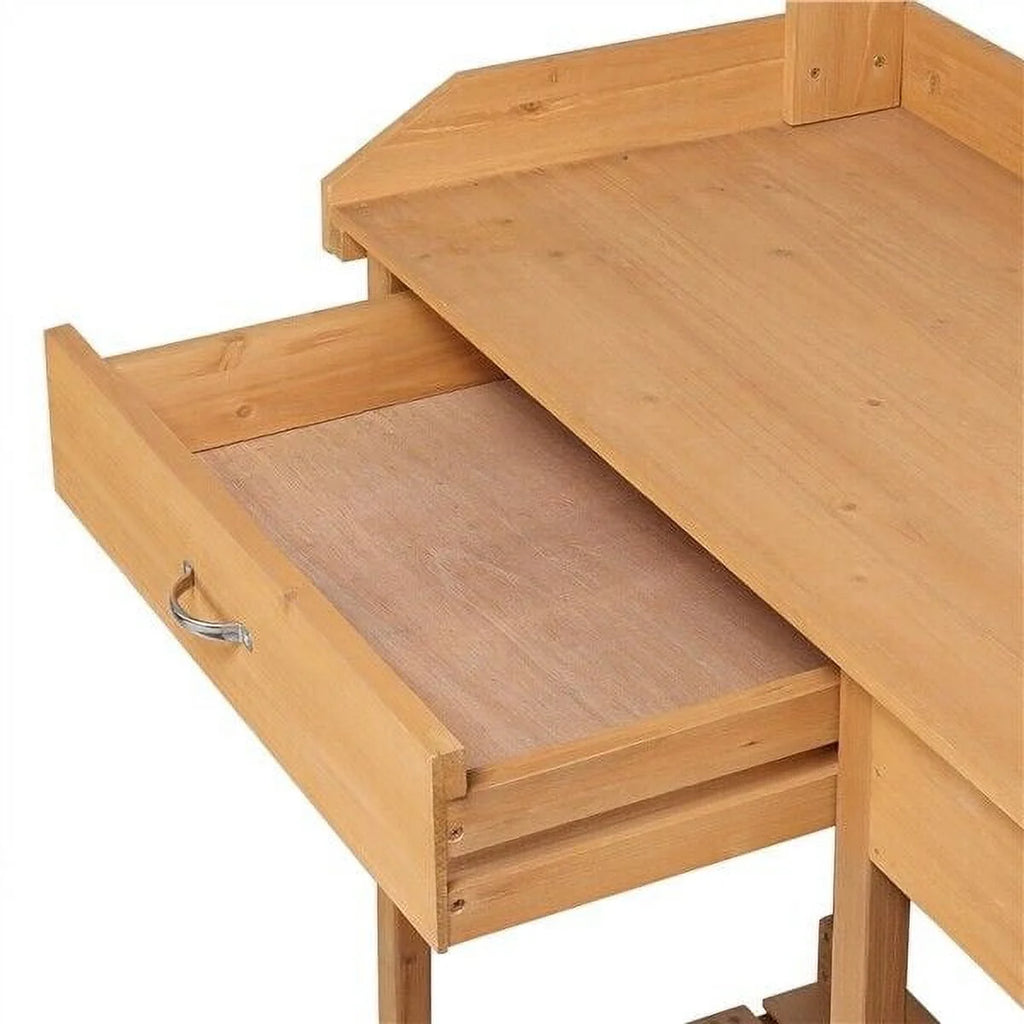Veado Potting Bench Outdoor Garden Work Bench Station Planting Solid Wood Construction for Horticulture w/Sink Drawer Rack Shelves Natural Wood