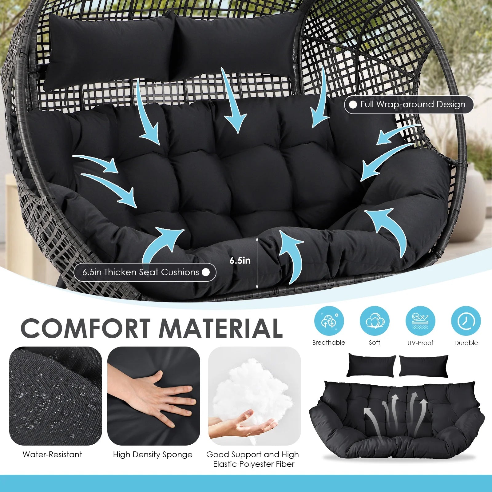 RADIATA Double Egg Chair for 2 Person, Oversized Wicker Loveseat with Thick Cushions, 680 lbs Capacity, Indoor Outdoor Stationary Patio Lounge Chair for Balcony, Garden, Beige