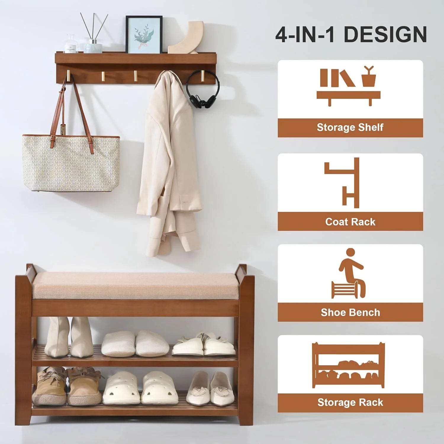 Shoe Rack for Front Door Entrance, 28?? Entryway Bench with Coat Rack, Hall Tree Shoe Bench with Storage for Entry, Hallway, Bedroom, Living Room