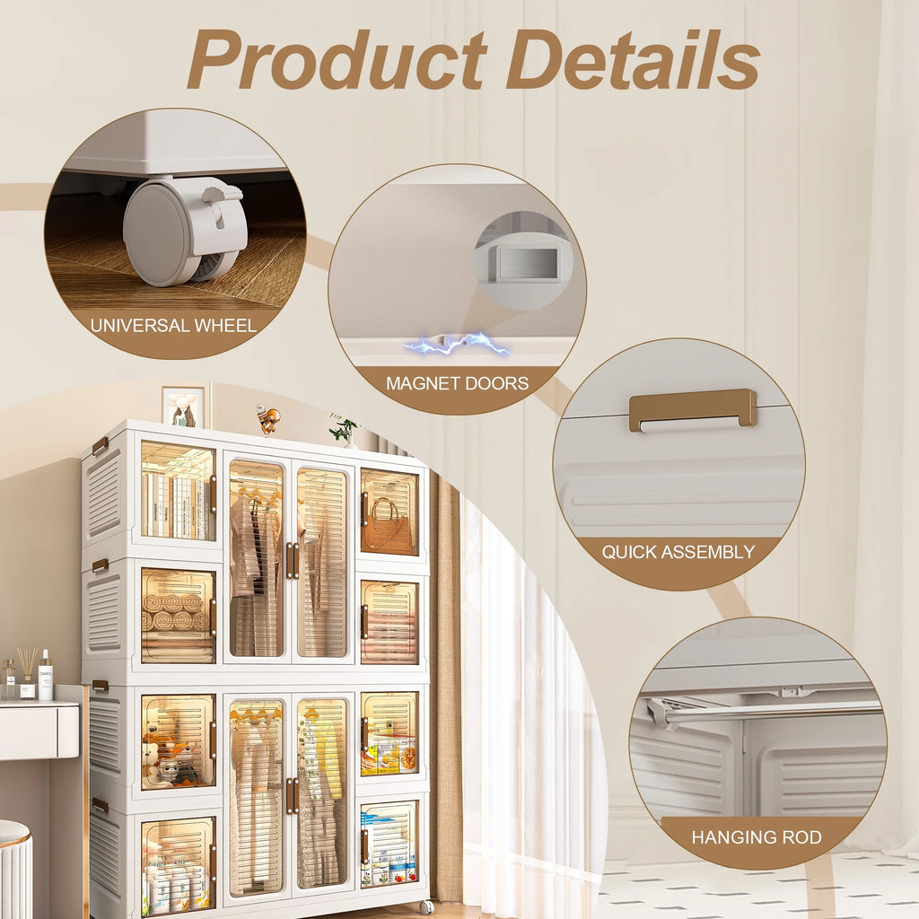 Montary Kids Portable Wardrobe w/ Magnetic Doors & Hanging Rod - 4-Cube Plastic Storage Cabinet,Nursery/Bedroom