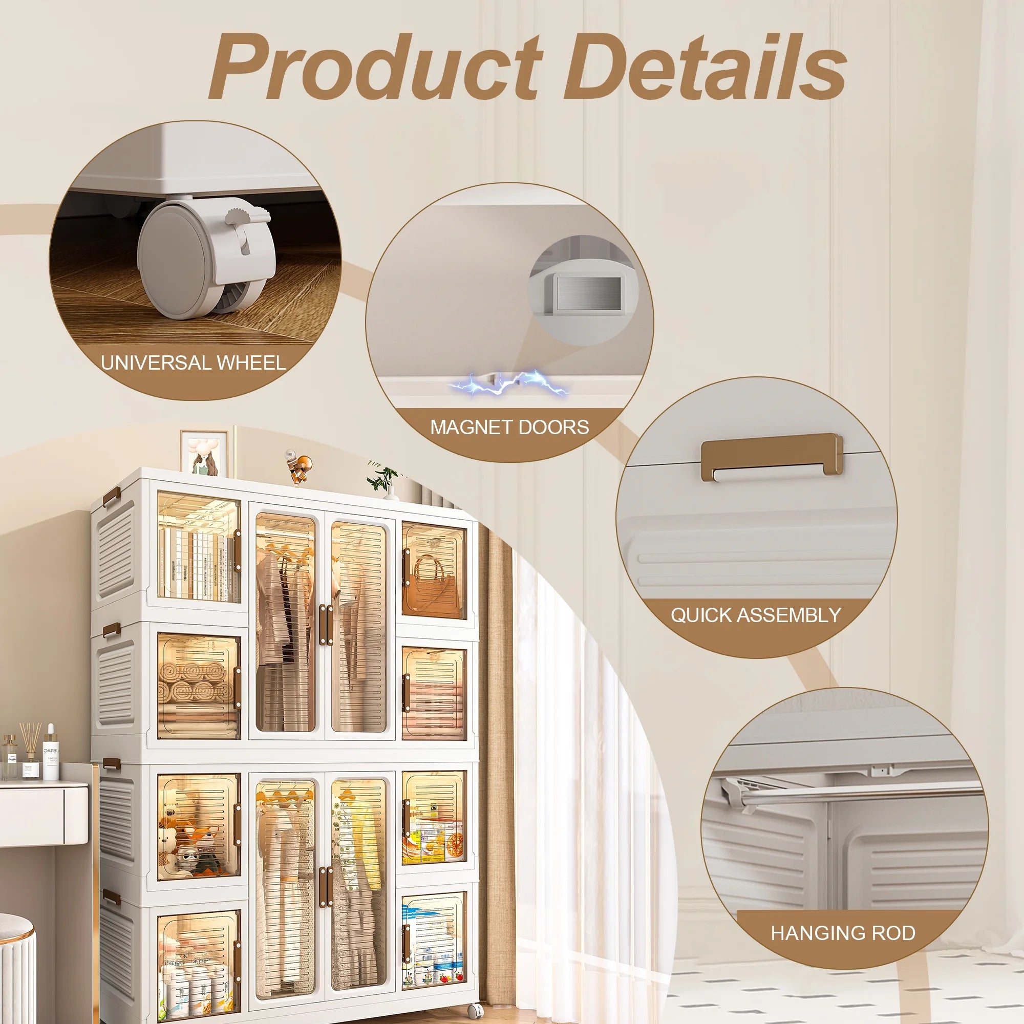 Montary Kids Portable Wardrobe w/ Magnetic Doors & Hanging Rod - 4-Cube Plastic Storage Cabinet,Nursery/Bedroom