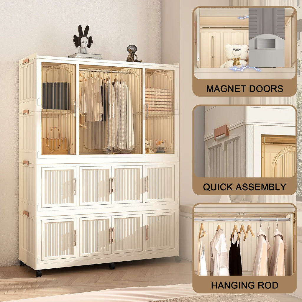 Montary Kids Portable Wardrobe w/ Magnetic Doors & Hanging Rod - 4-Cube Plastic Storage Cabinet,Nursery/Bedroom