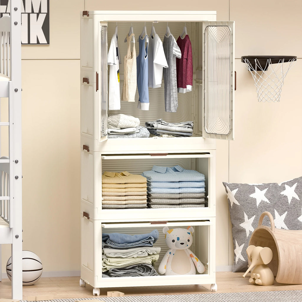 Montary Kids Portable Wardrobe w/ Magnetic Doors & Hanging Rod - 4-Cube Plastic Storage Cabinet,Nursery/Bedroom