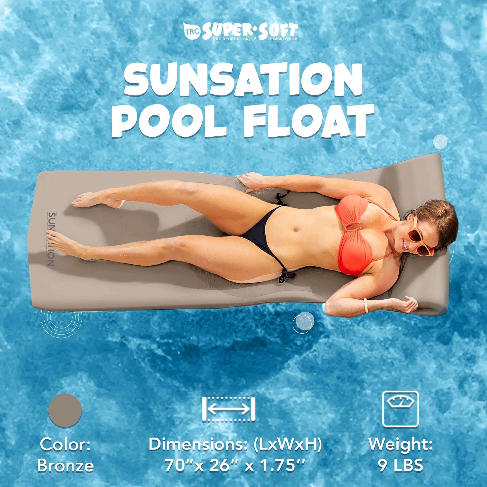 TRC Recreation Sunsation 1.75" Thick Foam Pool Float Lounger w/ Headrest, 2 Pack, Bronze