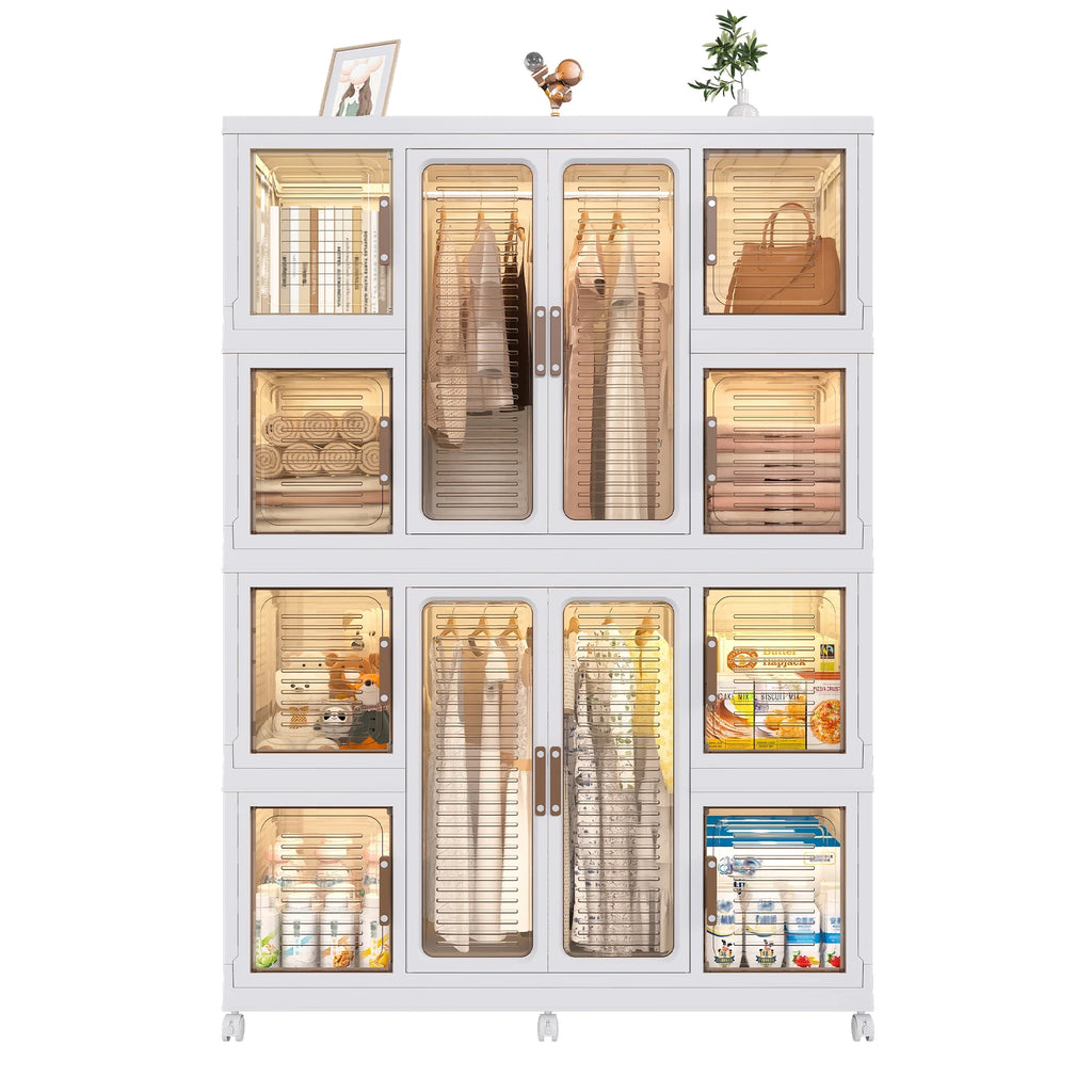 Montary Kids Portable Wardrobe w/ Magnetic Doors & Hanging Rod - 4-Cube Plastic Storage Cabinet,Nursery/Bedroom