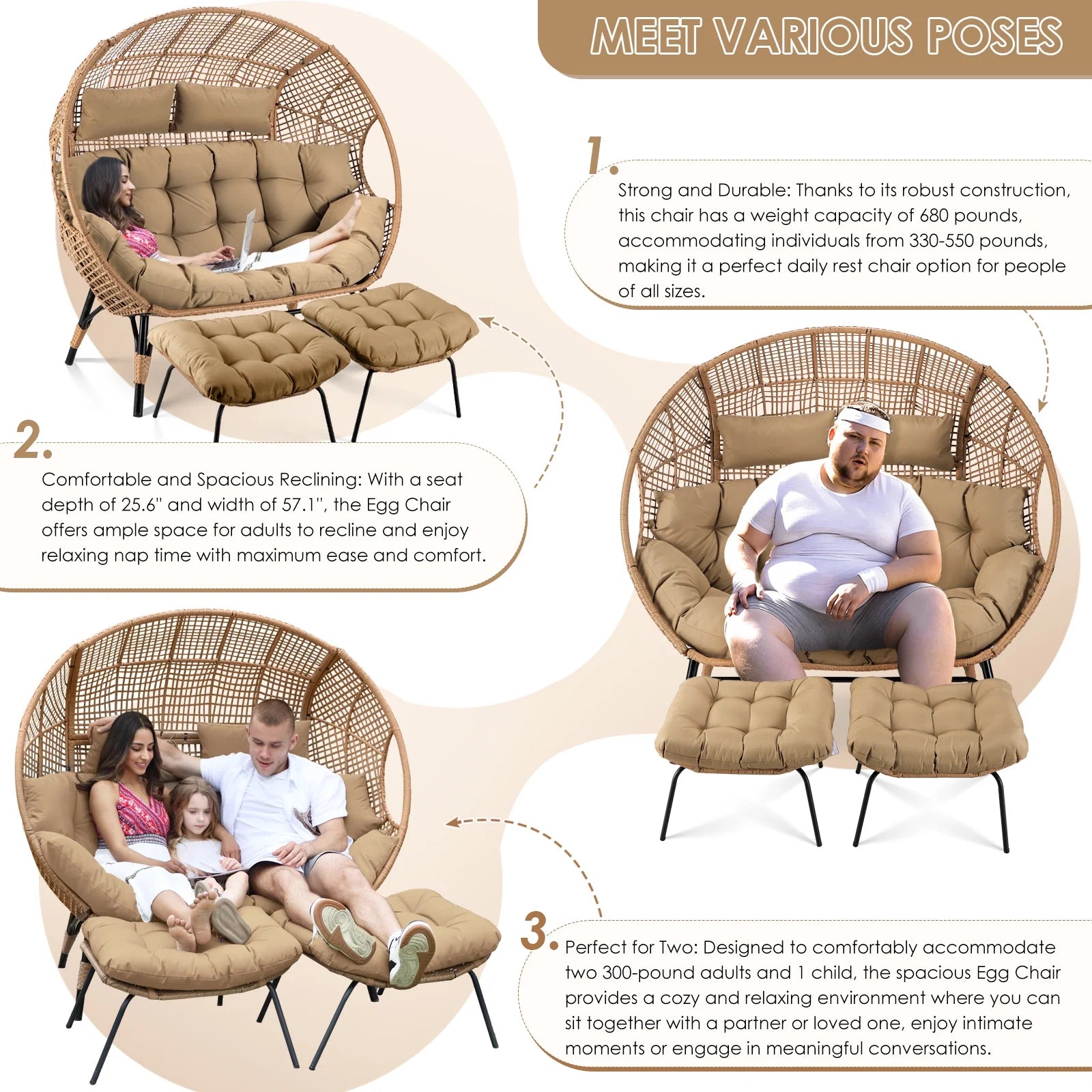 RADIATA Double Egg Chair for 2 Person, Oversized Wicker Loveseat with Thick Cushions, 680 lbs Capacity, Indoor Outdoor Stationary Patio Lounge Chair for Balcony, Garden, Beige