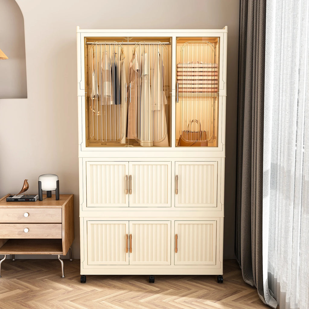 Montary Kids Portable Wardrobe w/ Magnetic Doors & Hanging Rod - 4-Cube Plastic Storage Cabinet,Nursery/Bedroom