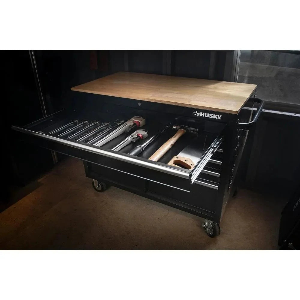 Mobile workbench with 9 drawers, hardwood top and power connection, 117 cm W x 62 cm D �C high-gloss black