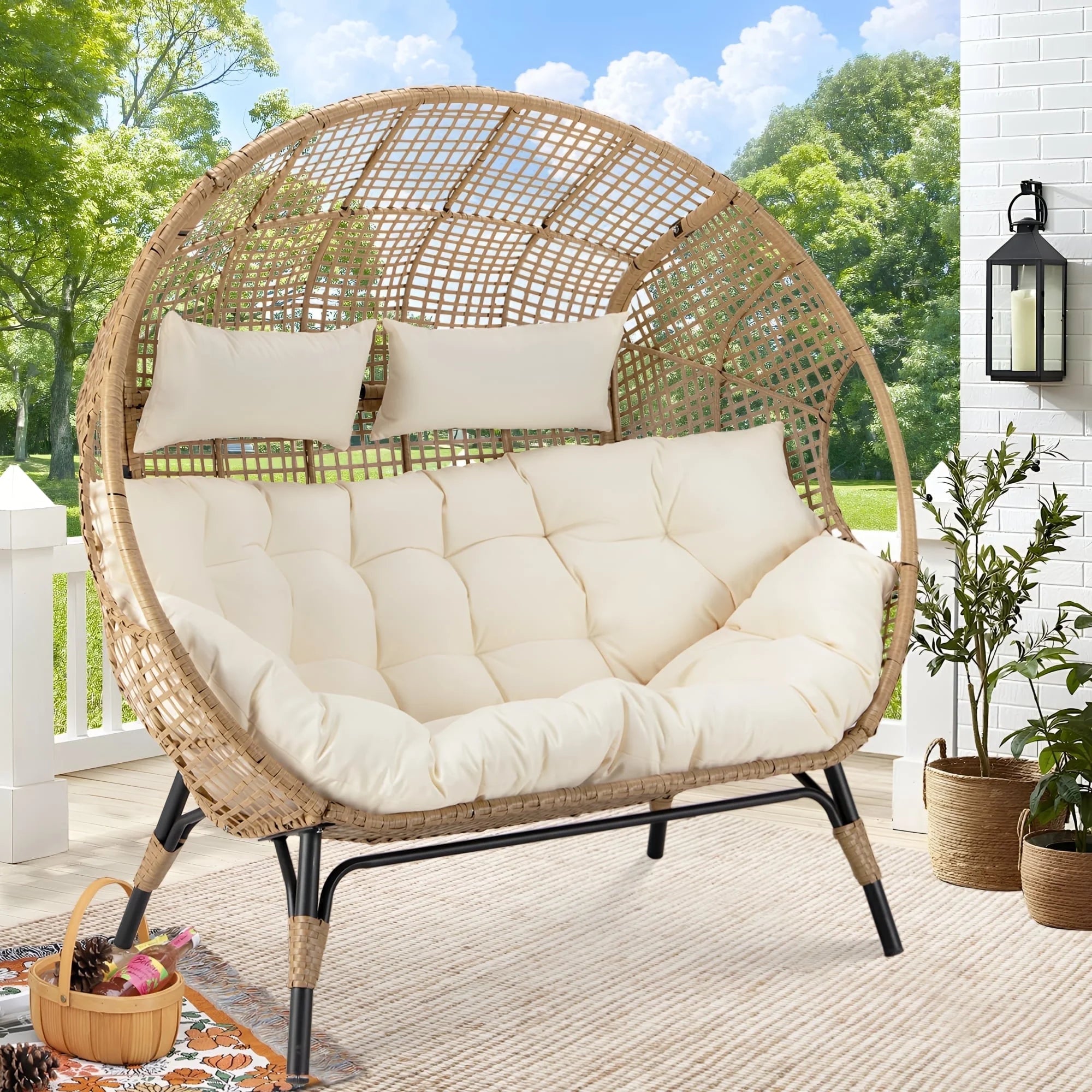 RADIATA Double Egg Chair for 2 Person, Oversized Wicker Loveseat with Thick Cushions, 680 lbs Capacity, Indoor Outdoor Stationary Patio Lounge Chair for Balcony, Garden, Beige