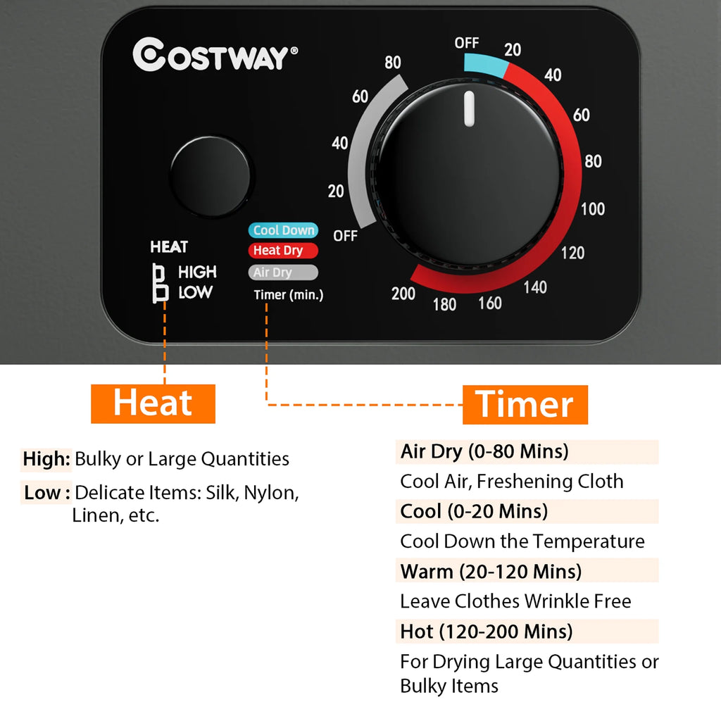 Costway Electric Tumble Compact Laundry Dryer Stainless Steel Wall Mounted 1.5 cu .ft.
