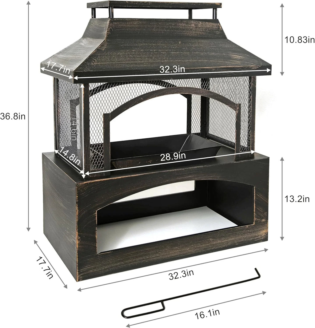 Large Outdoor Wood Burning Fireplace, house shape Outdoor Log Burner Fire Pit with Log Grate and Poker, 37" x 32" x 18" Large Metal Firepit for Patio Garden Backyard, Black