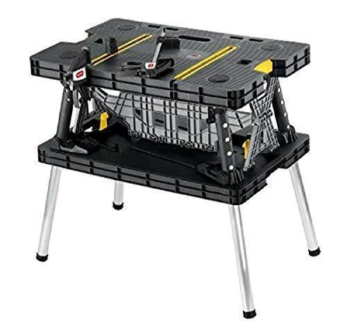 Keter �C 197283 Folding Table Work Bench for Miter Saw Stand, Woodworking Tools and Accessories with Included 12 Inch Wood Clamps �C Easy Garage Storage Black/Yellow