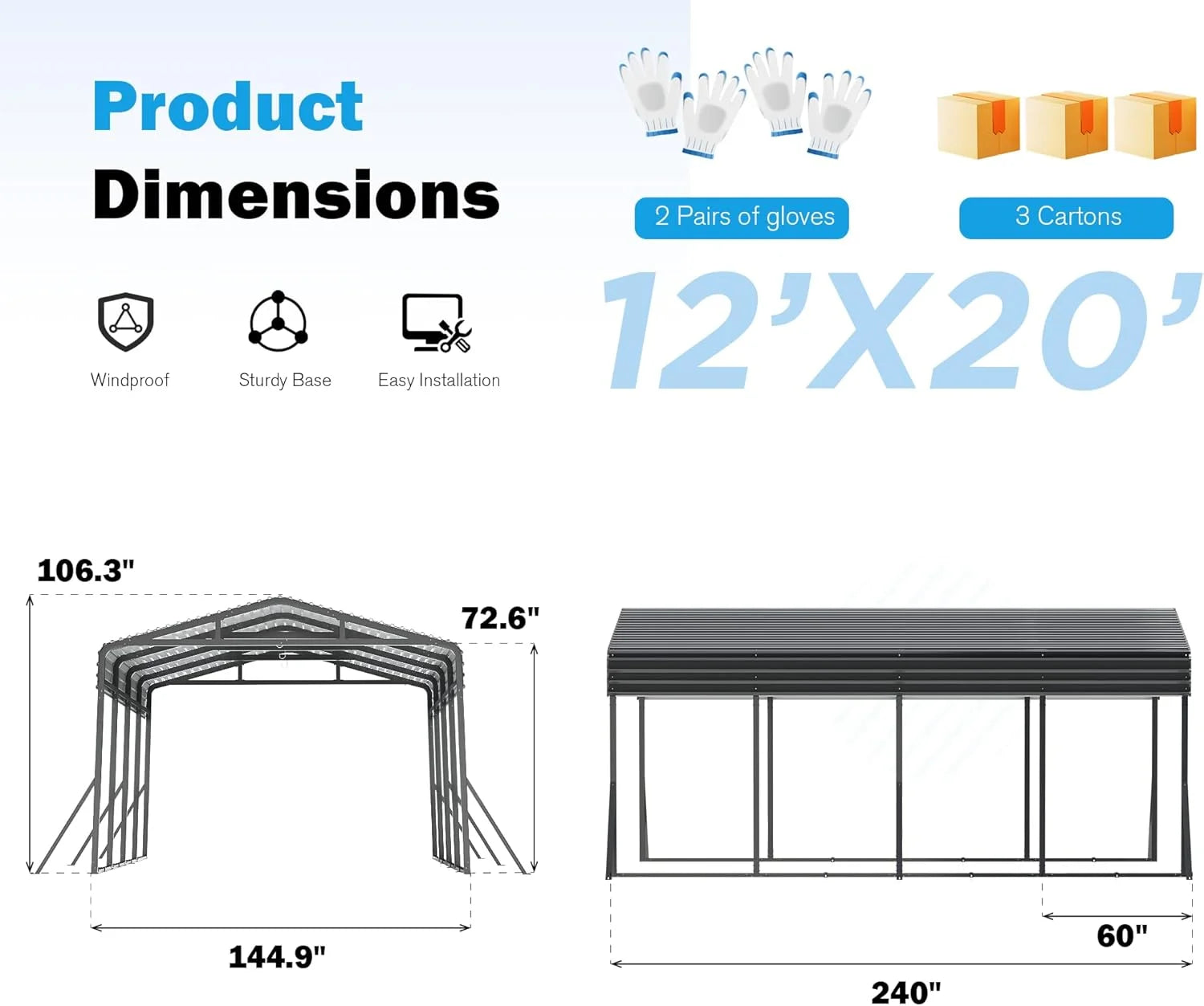 MUCHANT 12��X20�� Outdoor Heavy-Duty Carport Galvanized Steel Roof with Reinforced Stable Triangle Frame & Enhanced Base for Car, Pickup and Truck