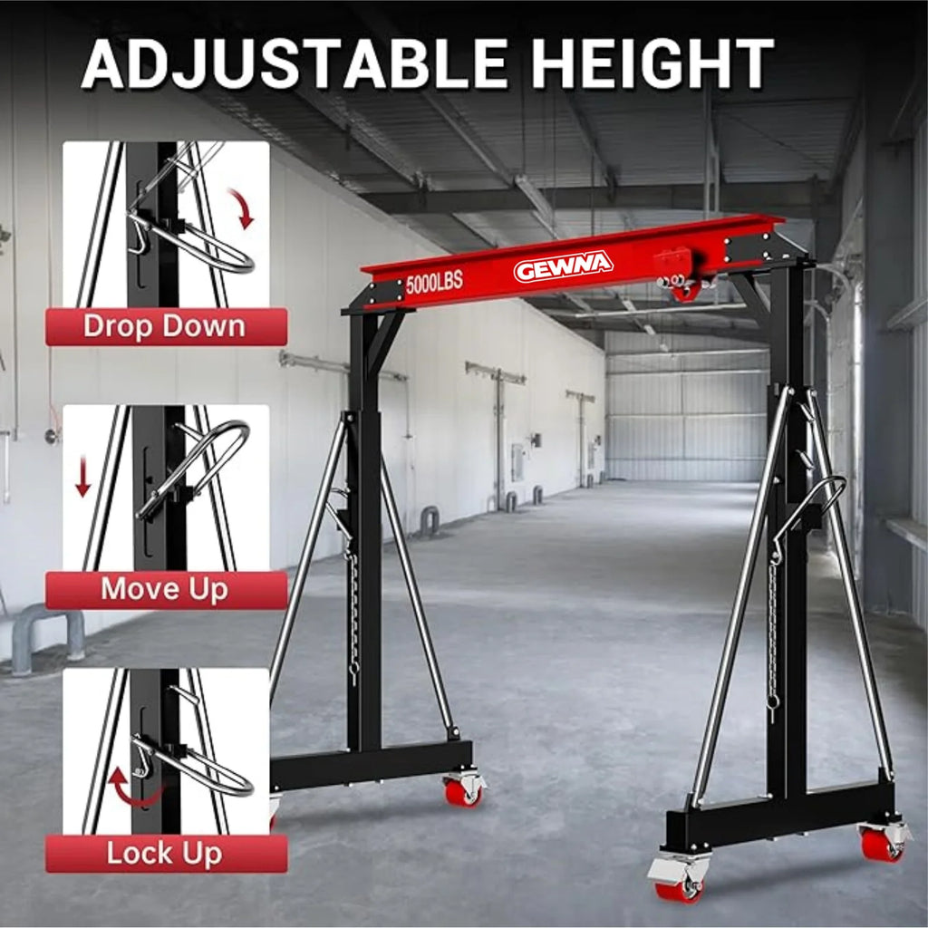 Gewna Adjustable Steel Gantry Crane, 2 Ton/ 5000 lb Capacity, 8.2-12.5ft, Portable Lift Hoist on Wheels with Manual Trolley