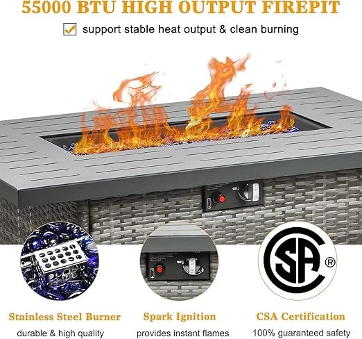 LayinSun 44" Propane Gas Fire Pit Table, 55000 BTU Rectangular Fire Pit with Glass Wind Guard for Outside Patio Deck Garden Backyard