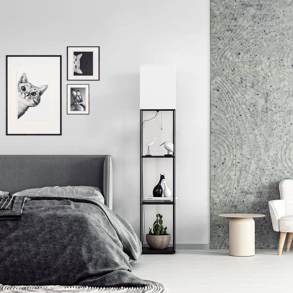 Modern Iron Shelf Floor Lamp with 3-Way Dimmable LED Bulb, Shelves and White Shade for Living Room and Bedroom(Black)